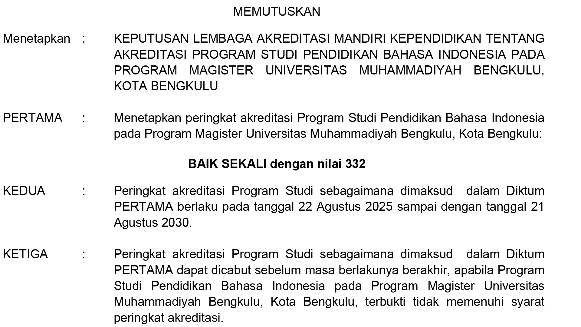 MPBI UM Bengkulu Raih Akreditasi Baik Sekali hingga 2030